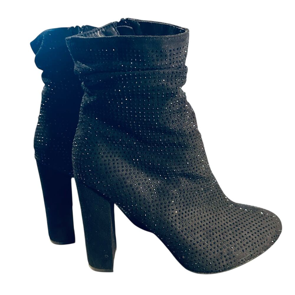 Boots Ankle Black SZ 9 Sparkle Slouch Block Heel Zip Side Forever Booties Goth
